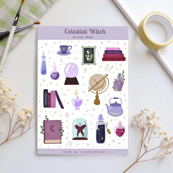 Celestial Witch Sticker Sheet | Witchy Stickers, Magical Stickers, Stationary, Journaling, Scrapbooking Stickers, Whimsigoth Stickers