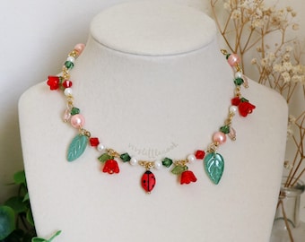 Ladybug Charm Necklace | Beaded Necklace, Polymer Clay Charm, Ladybug Jewelry, Flower Bead Jewelry, Cottagecore