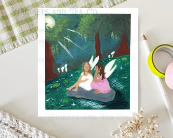 Lovers by Moonlight Art Print — Fairy Art, Whimsical Print, Sapphic Painting, Fantasy Art, Enchanted Forest