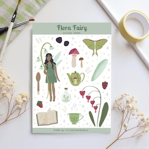 Flora Fairy Sticker Sheet | Fairy Stickers, Fairycore Sticker Sheet, Cottagecore Stickers, Whimsical Art, Cute Sticker Sheet