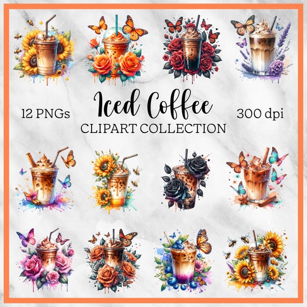 Iced Coffee With Flowers And Butterflies Clipart | Floral Cottagecore |  Sublimation Clipart Design | PNG Instant Download For Sublimation
