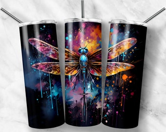Dragonfly Watercolor Style 20 oz Skinny Tumbler Wrap For Sublimation | Sublimation Dragonfly Design Instant Download