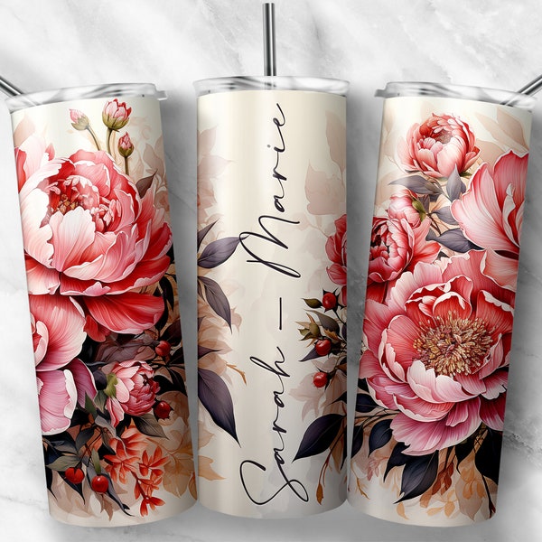 Seamless Custom Name 3D Peonies 20 oz Skinny Tumbler Wrap For Sublimation | Add Your Custom Name Or Text On The Image  | 3D Floral Design