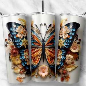 3D Quilled Butterfly Floral 20 oz Skinny Tumbler Wrap For Sublimation | Sublimation Design Instant Download | 3D Quilled Butterfly Design