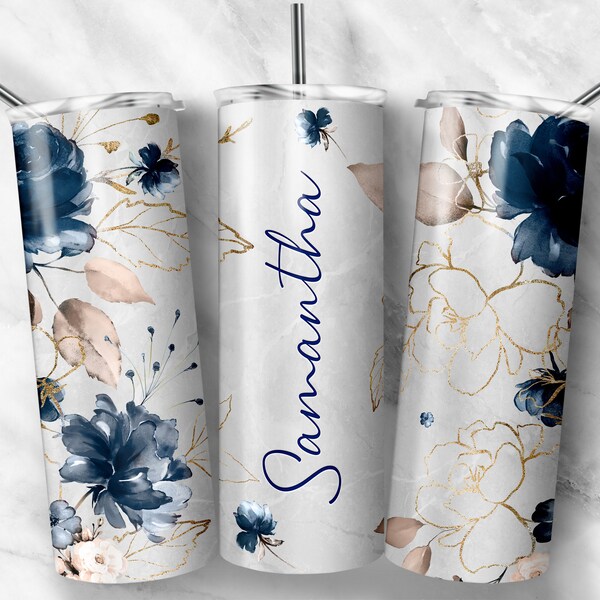 Custom Name Seamless Blue And Gold Roses For 20 oz Skinny Tumbler Wrap For Sublimation | Gift For Friends | Gift For Mom | Gift For Grandma