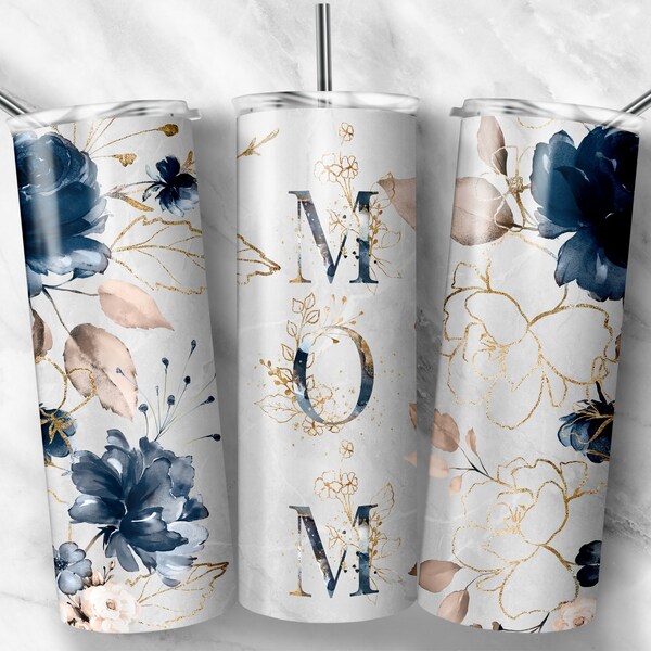 Seamless Blue And Gold Roses With The Word MOM for 20 oz Skinny Tumbler Wrap For Sublimation | Gift For Mother's Day | Gift For Mom