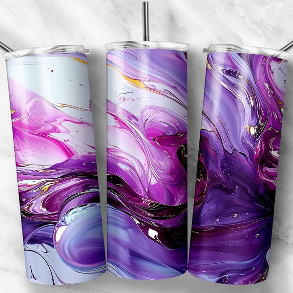 Purple Shades Of Acrylic Pouring Seamless Marble Effects  | Abstract Design Purple Seamless Design 20 oz Skinny Tumbler Wrap For Sublimation