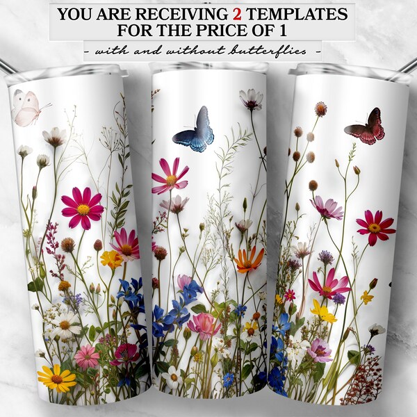 Seamless Spring Tiny Wildflowers And Butterflies Vibrant Colors 20 oz Skinny Tumbler Wrap For Sublimation | Colourful Wildflowers Seamless
