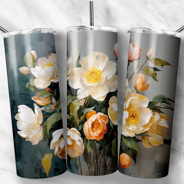 Pastel Pink, Yellow, White Roses In Full Bloom Oil Painted 20 oz Skinny Tumbler Wrap For Sublimation | Romantic Roses Tumbler Wrap