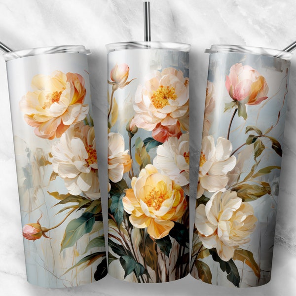 Pastel Pink, Yellow, White Roses In Full Bloom Oil Painted 20 oz Skinny Tumbler Wrap For Sublimation | Romantic Roses Tumbler Wrap