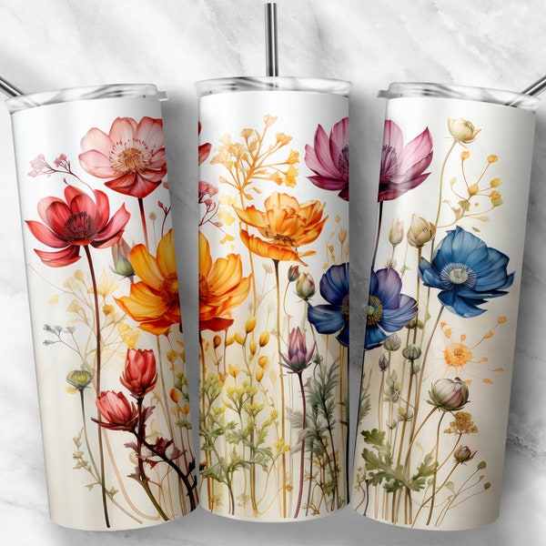 Seamless Spring Wildflowers Watercolor 20 oz Skinny Tumbler Wrap For Sublimation | Sublimation Wildflowers Design Seamless