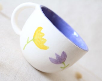 Handmade Purple and Yellow Floral Ceramic Mug,  Hand Crafted Item, Valentine's Day Gift