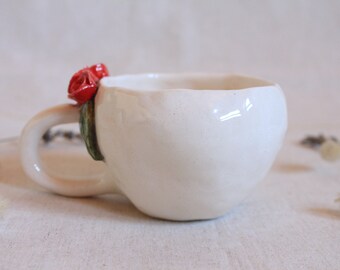 Handmade Red Rose Ceramic Cup, Hand Crafted Item, Amorphous Mug, Valentine's Day Gift