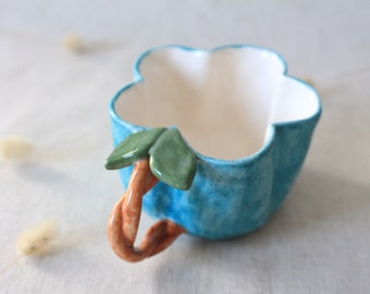Handmade Flower Shaped Blue Ceramic Mug,  Hand Crafted Item, Amorphous Mug, Valentine's Day Gift