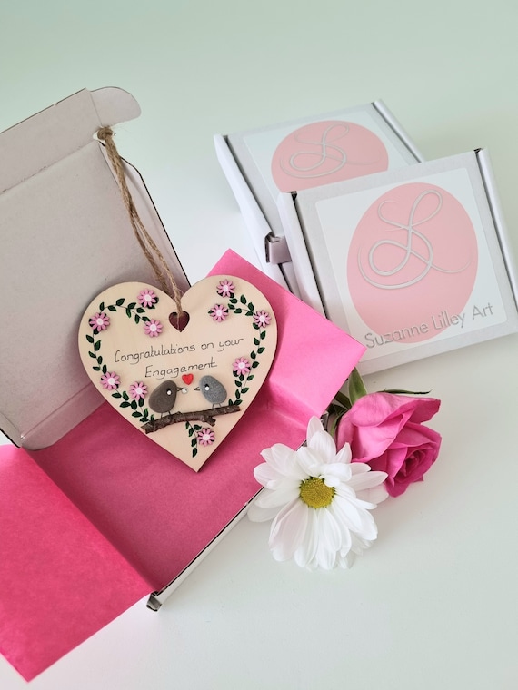 Engagement Pebble Bird Heart - Congratulations Gift Handmade Wooden Keepsake UK