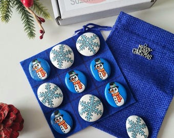 Christmas mini game - Snowman and snowflake handpainted (noughts and crosses)