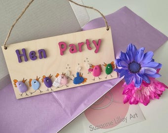 Hen Party wooden sign with sea glass birds & wine glasses, Hen do Sign, bride to be gift