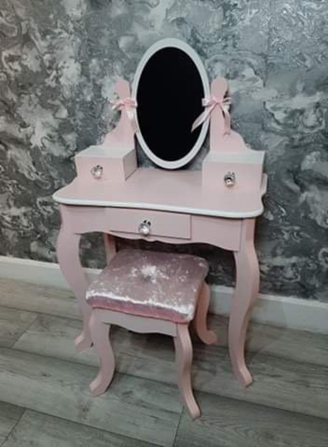 Dressing table pink wood ribbon padded seat Dimond detail | Etsy