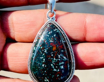Natural Bloodstone Teardrop Pendant, Sterling Silver Minimalist Necklace