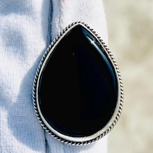 Handmade Teardrop Black Onyx Ring: 925 Sterling Silver Boho Ring
