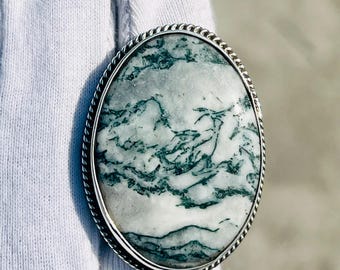 Handmade Tree Agate Ring: Sterling Silver Cocktail Ring (29x41 MM)