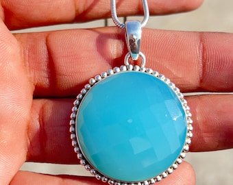 Collar de plata de ley con calcedonia azul, colgante artesanal hecho a mano