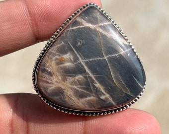 Handgemaakte druppelvormige grijze maansteenring: 925 sterlingzilveren boho-sieraden