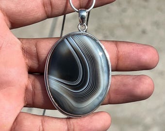 Handmade Botswana Agate Pendant, Sterling Silver, Minimalist Necklace