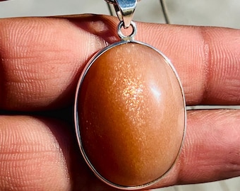 Handmade Peach Moonstone Pendant: Oval Sterling Silver Necklace