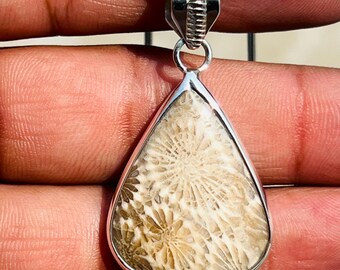 Handmade Teardrop Fossil Coral Pendant: Sterling Silver Gemstone Necklace