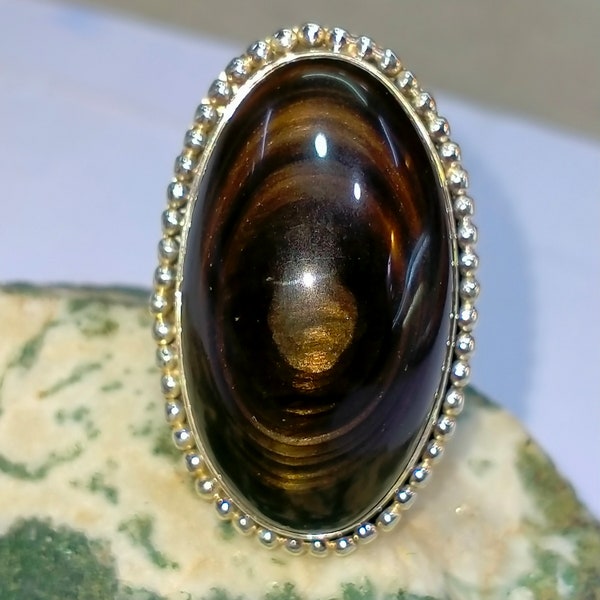 Bague obsidienne dorée bague obsidienne grande bague obsidienne bague en argent 925 acajou obsidienne obsidienne naturelle meilleur cadeau pour maman elle-même