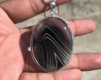 Handmade Botswana Agate Pendant: 925 Sterling Silver Oval Gemstone