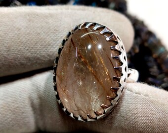 Handmade Sterling Silver Golden Rutilated Quartz Ring (20x27 MM)
