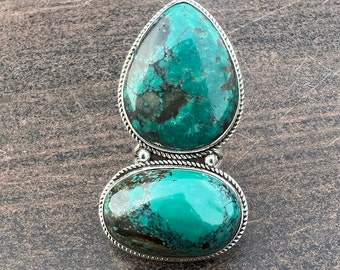 Handmade Sterling Silver Tibetan Turquoise Statement Ring: Southwest Boho