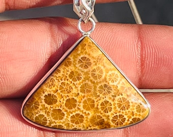 Handmade Fossil Coral Sterling Silver Pendant Necklace - Teardrop Gemstone