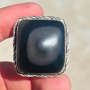 Large Square Rainbow Obsidian Ring: 925 Sterling Silver Cocktail Ring