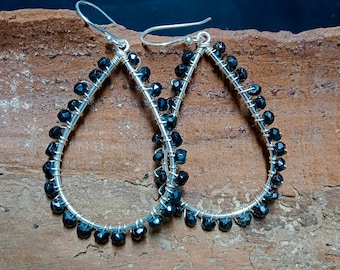 Black Spinel Gemstone Dangle Earrings: Silver Beaded Earrings