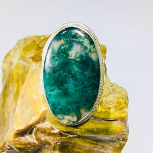 Handmade Sterling Silver Moss Agate Cocktail Ring (27x46 MM)