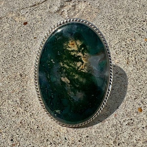 Handmade Oval Moss Agate Ring: Sterling Silver Cocktail Ring