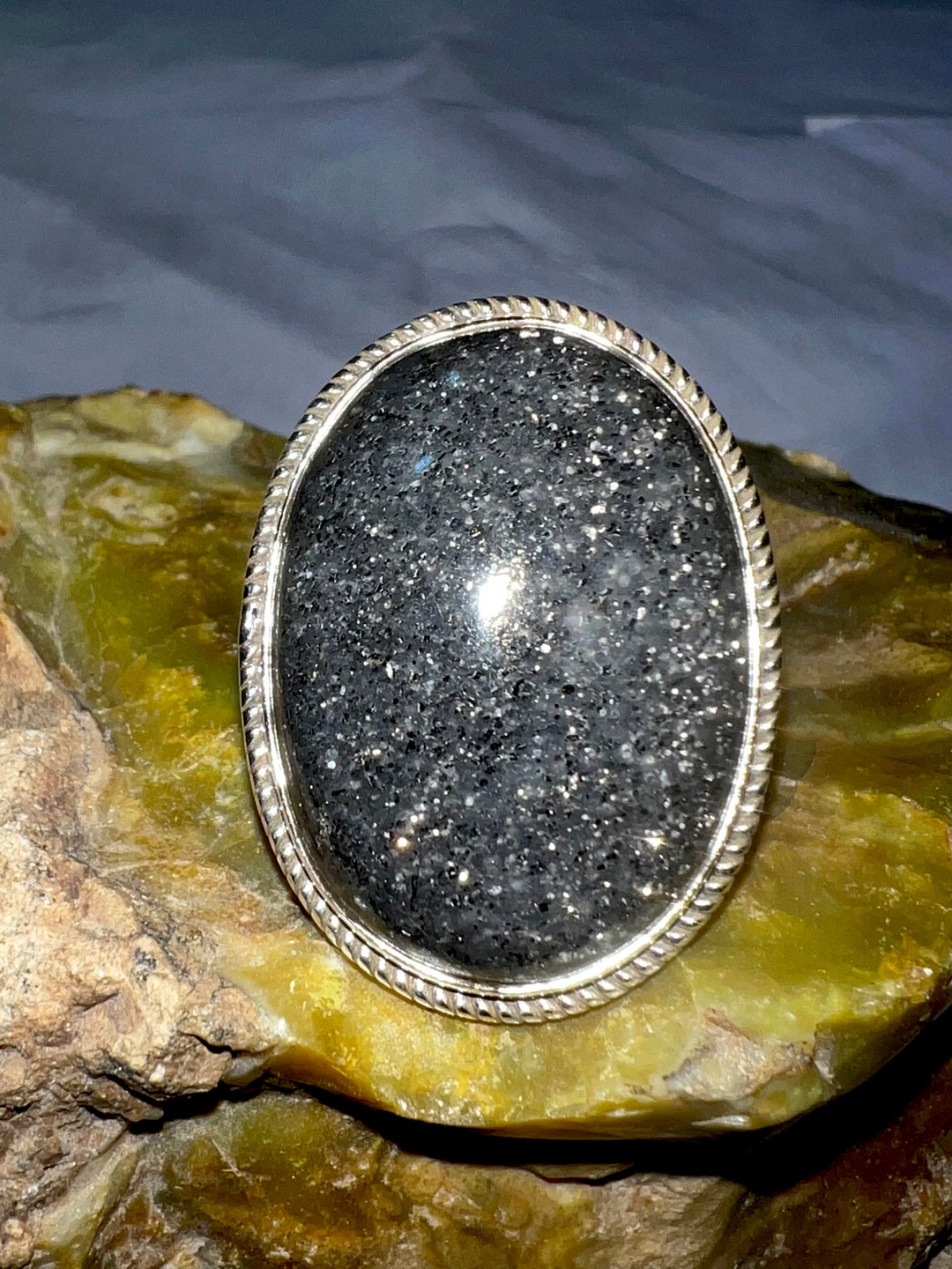 •BLACK SUNSTONE - TEARDROP• bezel capped silver ring (size 6.75)