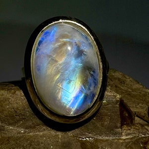 Regenboogmaansteenring, sterlingzilveren ring, 12 x 17 mm ovale regenboogmaansteenring, damesring, natuurlijke maansteenring, Blue Fire-ring