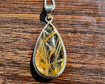 Golden Rutilated Quartz Pendant: Teardrop Sterling Silver Necklace