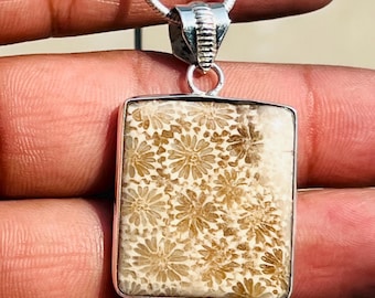 Handmade Fossil Coral Pendant: Square Sterling Silver Gemstone Necklace