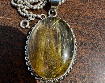 Golden Rutilated Quartz Sterling Silver Pendant Necklace - Handmade