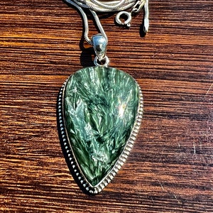 Handmade Seraphinite Pendant: Sterling Silver Green Stone Necklace