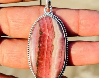 Handmade Rhodochrosite Oval Pendant Necklace, Sterling Silver Minimalist Jewelry