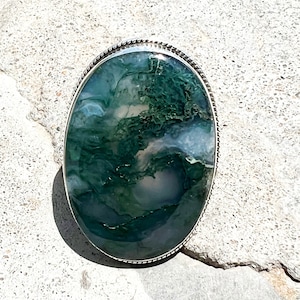 Handmade Sterling Silver Moss Agate Cocktail Ring (27x39 MM)