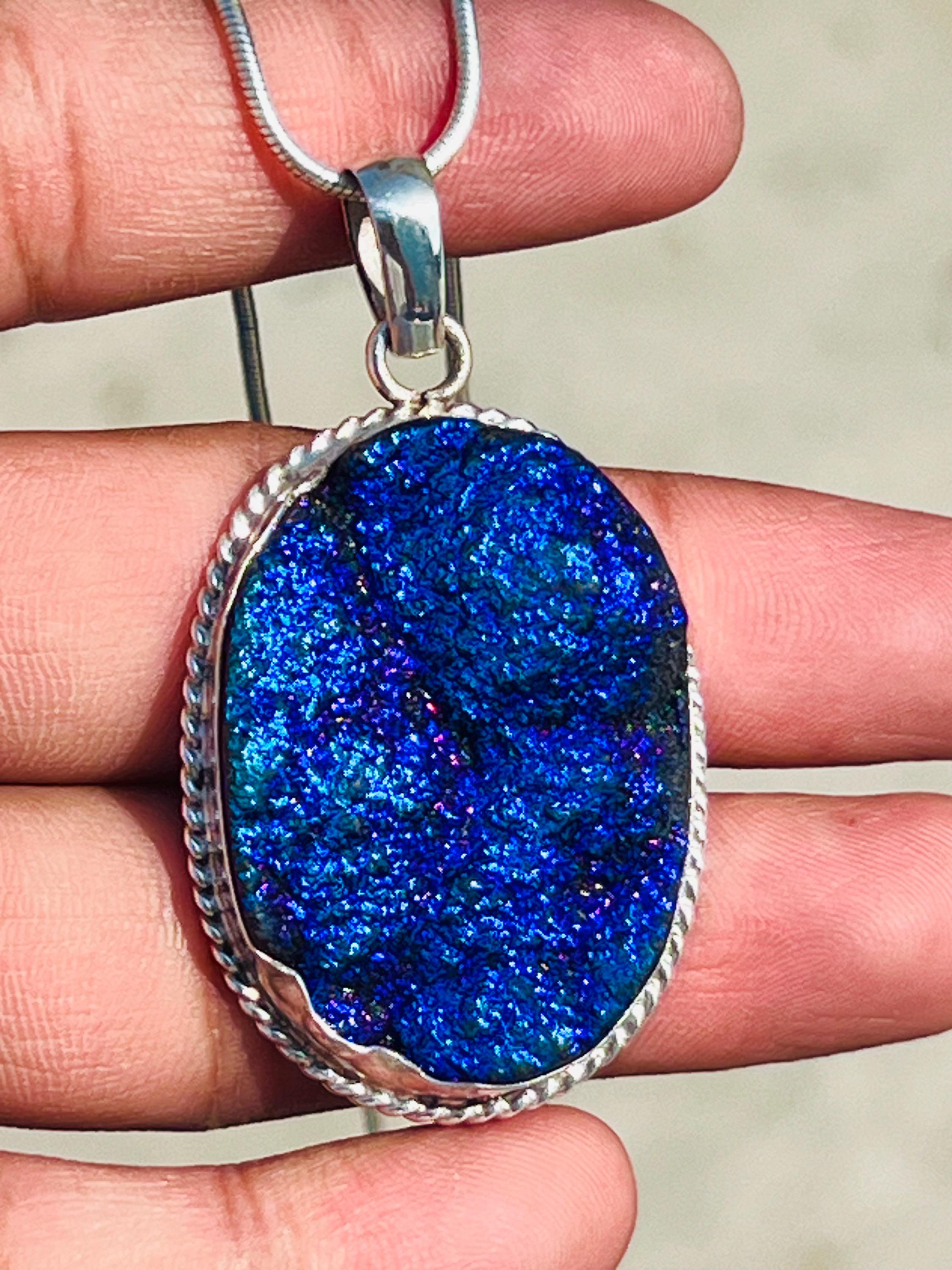 Sterling Silver Blue Druzy Pendant Necklace - Minimalist Oval