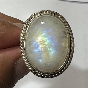 Regenboogmaansteenring, 925 sterlingzilveren ring, 18 x 24 mm ovale regenboogmaansteenring, damesring, natuurlijke maansteenring, Blue Fire-ring