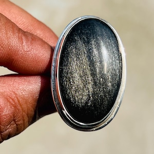 Handmade Silver Sheen Obsidian Ring: 925 Sterling Silver, Large Oval Statement
